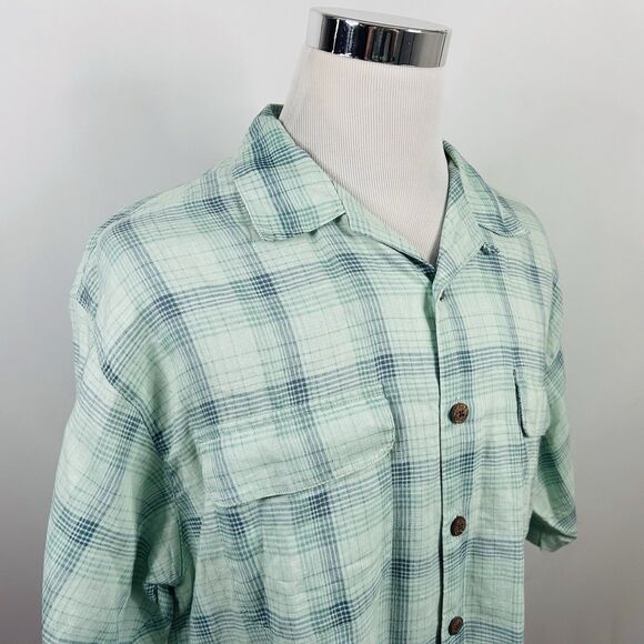 Tommy Bahama Large Vintage Loop Collar Board Shirt 100% Linen Green Blue Plaid - Picture 1 of 4